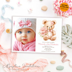 Invitación Floral acuarela Teddy Bear, bautismo de foto Chica
