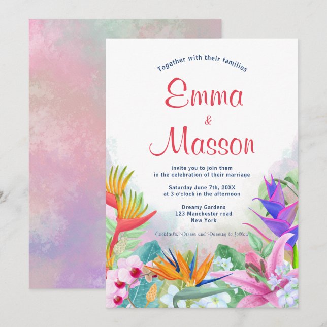 Invitación Floral acuarela tropical (Anverso / Reverso)