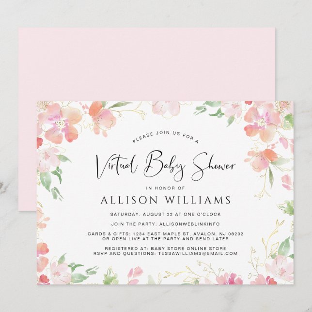 Invitación Floral acuarela Virtual Pink Gold Baby Shower (Anverso / Reverso)