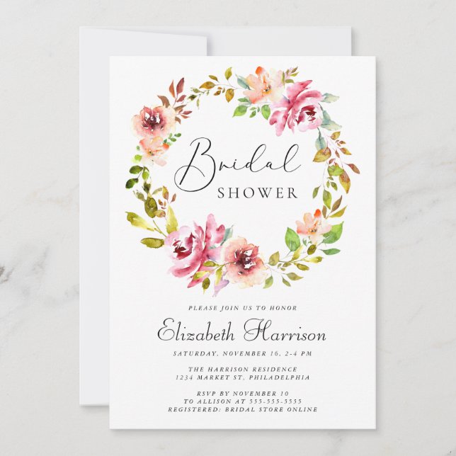 Invitación Floral acuarela Wreath Bridal Shower (Anverso)