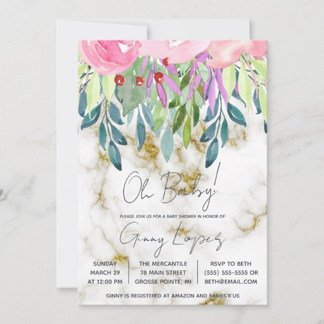 Invitación Floral acuarela y Baby Shower de mármol (Anverso)