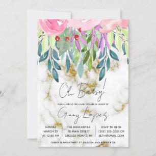 Invitación Floral acuarela y Baby Shower de mármol