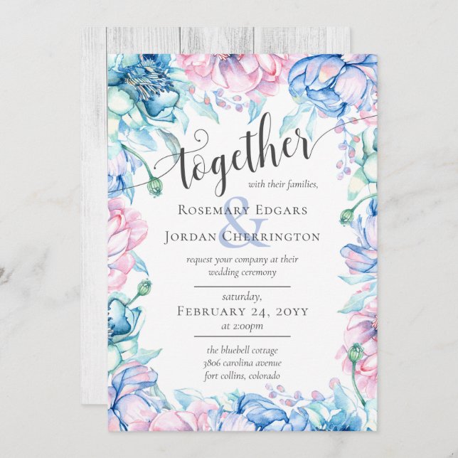 Invitación Floral acuarela y Boda de granja de madera rústica (Anverso / Reverso)