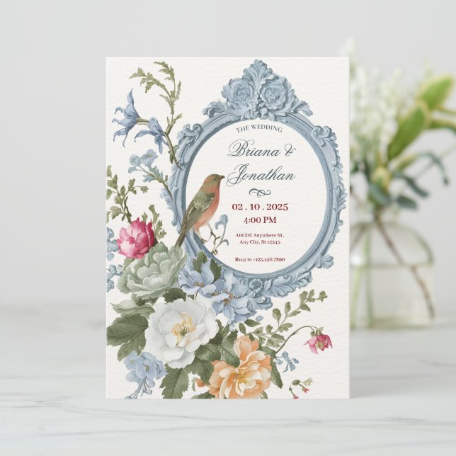 Invitación Floral acuarela y marco de pájaro boda artístico (Anverso de pie)