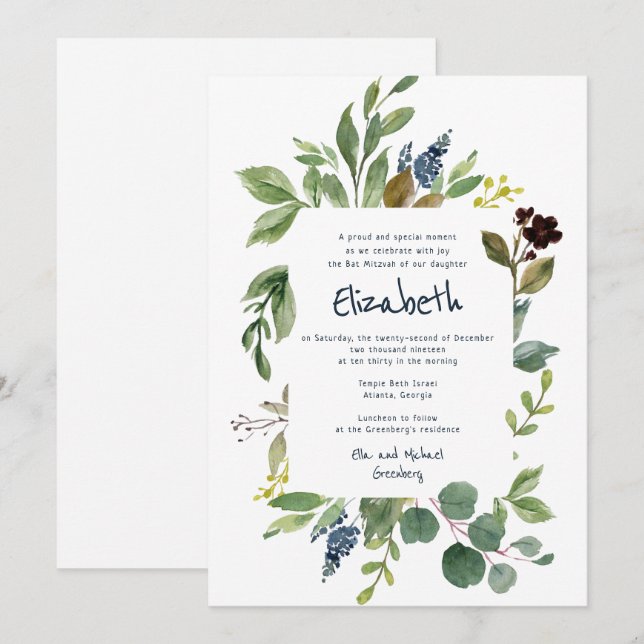 Invitación Floral acuarela y oliage Bat Mitzvah (Anverso / Reverso)