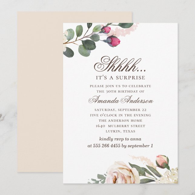 Invitación Floral acuática 30 fiesta sorpresa por cumpleaños (Anverso / Reverso)