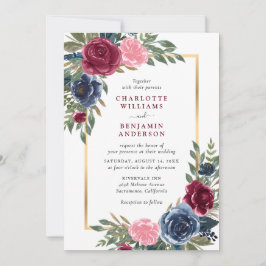 Invitación Floral acuática azul borgoña dorada