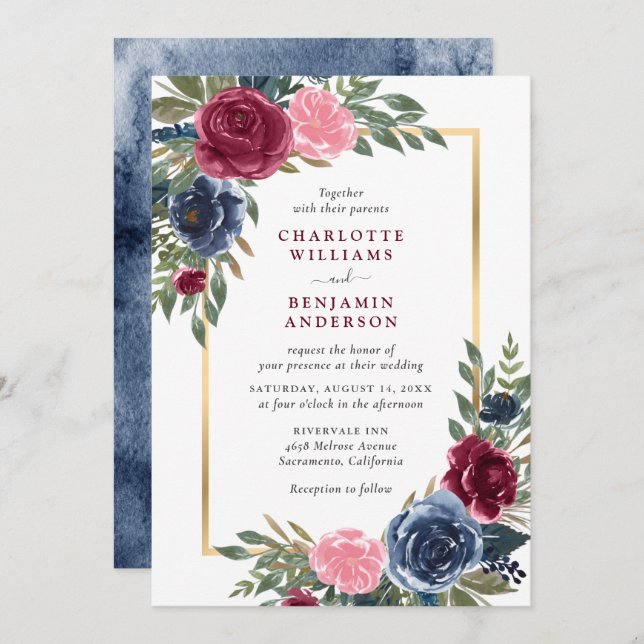 Invitación Floral acuática azul borgoña dorada (Anverso / Reverso)