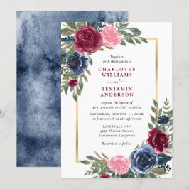 Invitación Floral acuática azul borgoña dorada