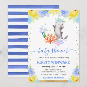 Invitación Floral acuática Baby Shower de tiburón submarino