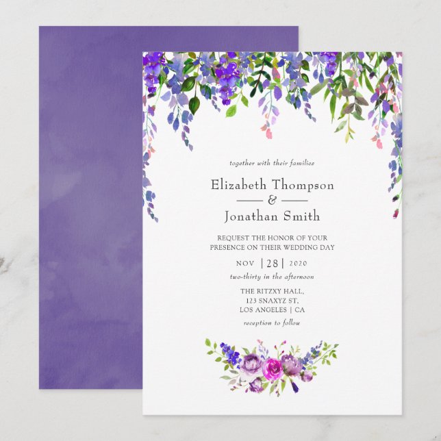 Invitación Floral acuática Boda ultravioleta (Anverso / Reverso)
