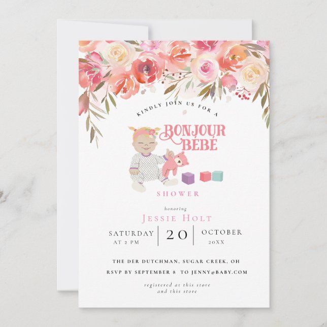 Invitación Floral acuática Bonjour Chica Baby 2 (Anverso)