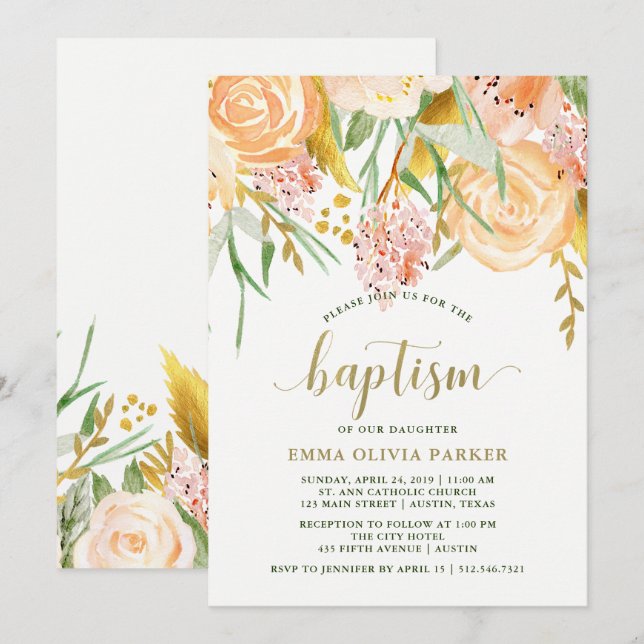 Invitación Floral acuática dorada sobre blanco | Bautismo (Anverso / Reverso)