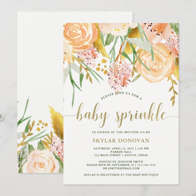 Invitación Floral acuática dorada sobre blanco | Bebé Sprinkl (Anverso / Reverso)