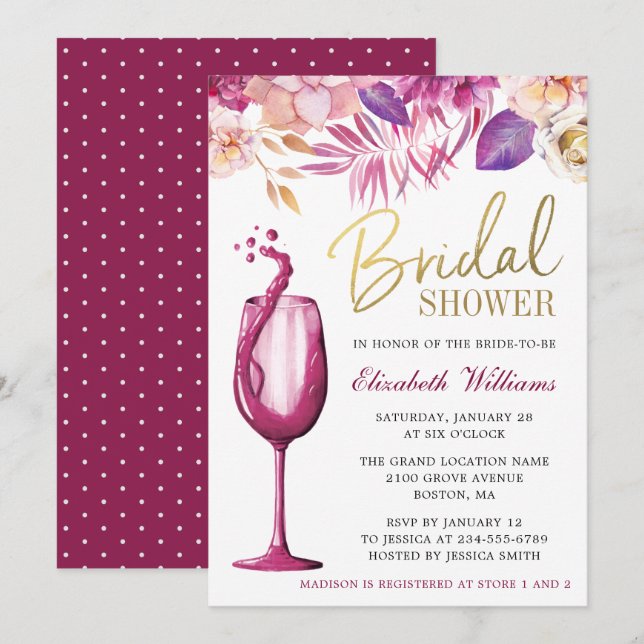 Invitación Floral acuática elegante | Wine Bridal Shower (Anverso / Reverso)