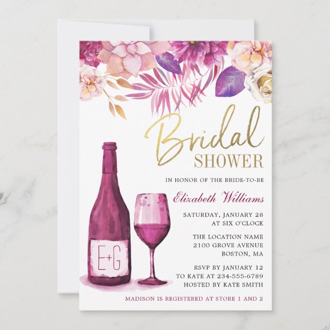 Invitación Floral acuática elegante | Wine Bridal Shower (Anverso)