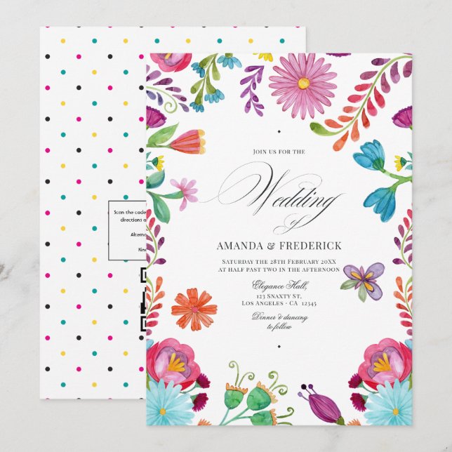 Invitación Floral acuática Fiesta mexicana QR Boda de código (Anverso / Reverso)