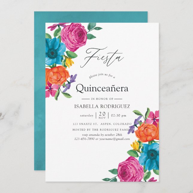 Invitación Floral acuática Fiesta Quinceañera (Anverso / Reverso)