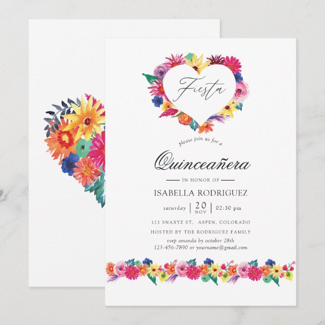 Invitación Floral acuática Fiesta Quinceañera (Anverso / Reverso)