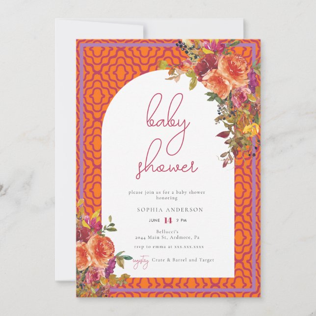 Invitación Floral acuática magenta fuchsia Baby Shower (Anverso)