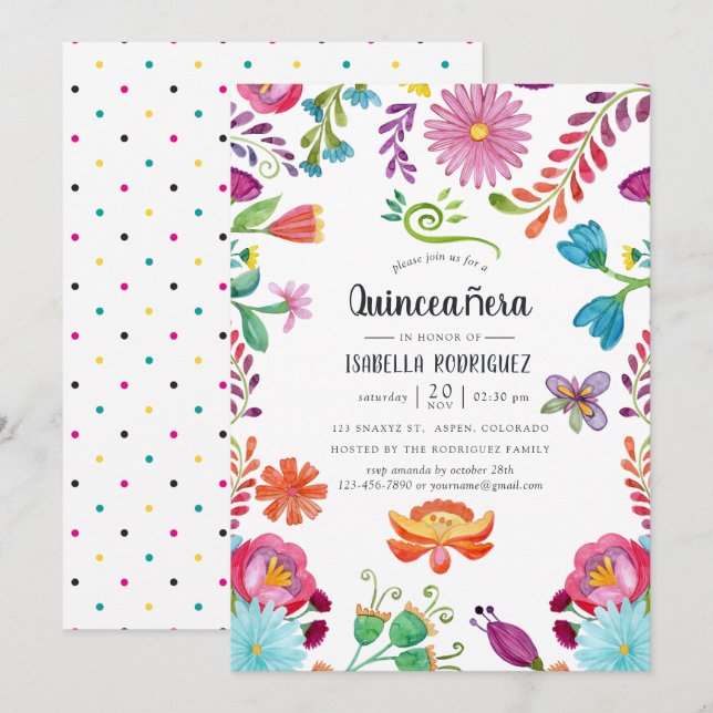 Invitación Floral acuática mexicana Fiesta Quinceañara (Anverso / Reverso)