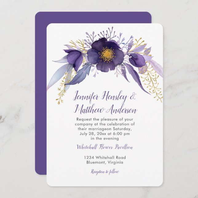 Invitación Floral acuática morada y dorada (Anverso / Reverso)