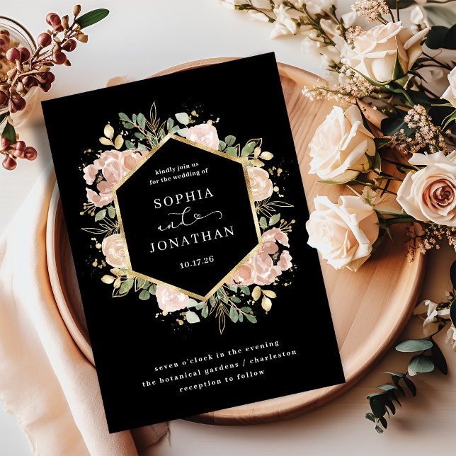 Invitación Floral acuática negra y neutra | BODA (An elegant, dark black floral wedding invitation with faux gold)