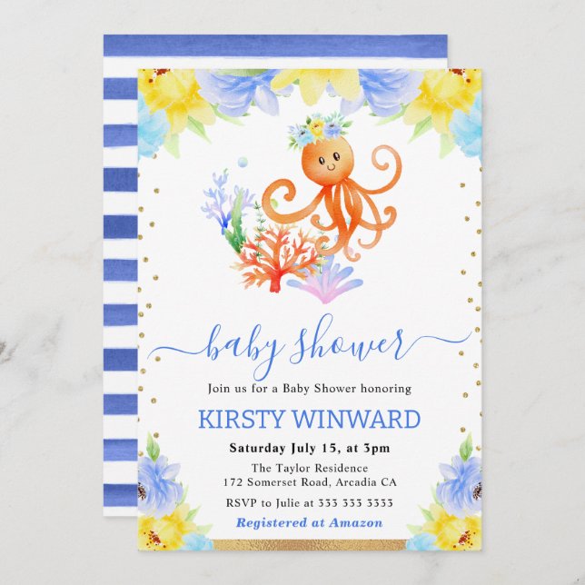 Invitación Floral acuática Octopus Baby Shower (Anverso / Reverso)