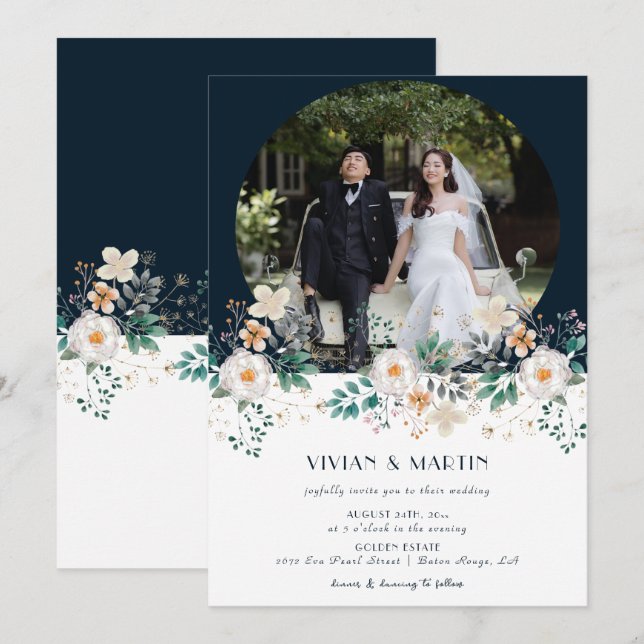 Invitación Floral acuática profunda en el Boda de fotos de su (Anverso / Reverso)