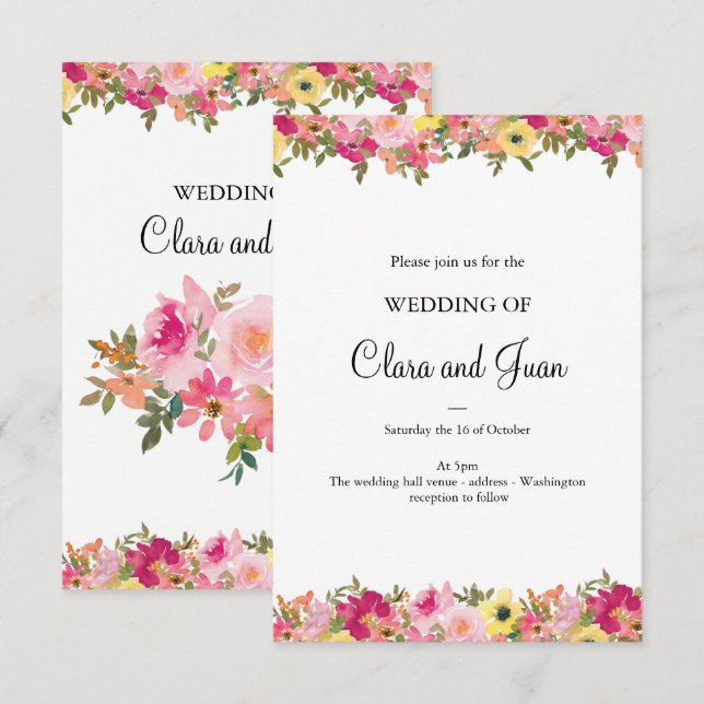 Invitación Floral acuática rosa (Anverso / Reverso)