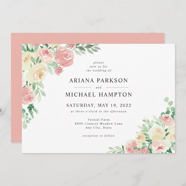 Invitación Floral acuática rosa de Rubor (Anverso / Reverso)