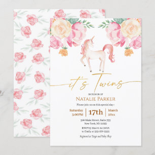 Invitación Floral acuática rosa unicornio Ducha para bebés