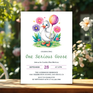 Invitación Floral acuática un ganso serio primer cumpleaños