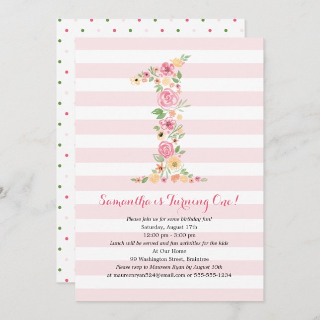 Invitación Floral acuática un primer cumpleaños (Anverso / Reverso)