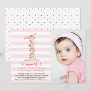 Invitación Floral acuática un primer cumpleaños con foto