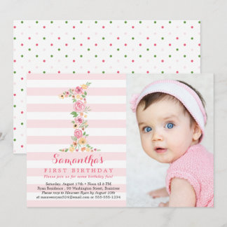 Invitación Floral acuática un primer cumpleaños con foto