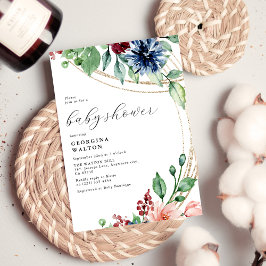 Invitación Floral acuática, verde y Baby Shower dorado