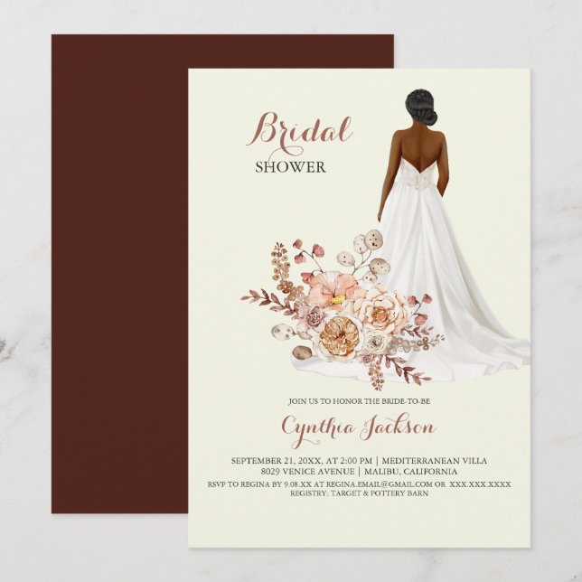 Invitación Floral African American Bride Wedde Shower (Anverso / Reverso)