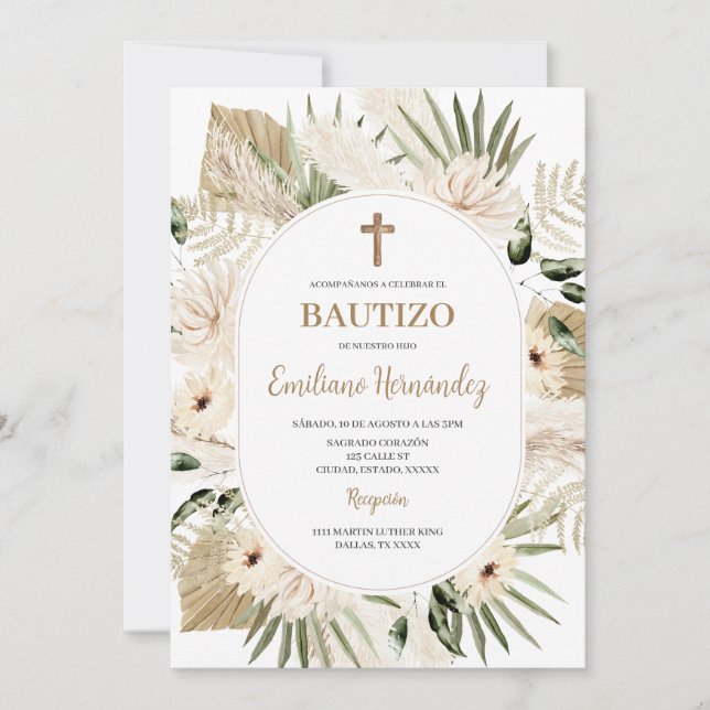 Invitación floral al boho bautismo español (Anverso)