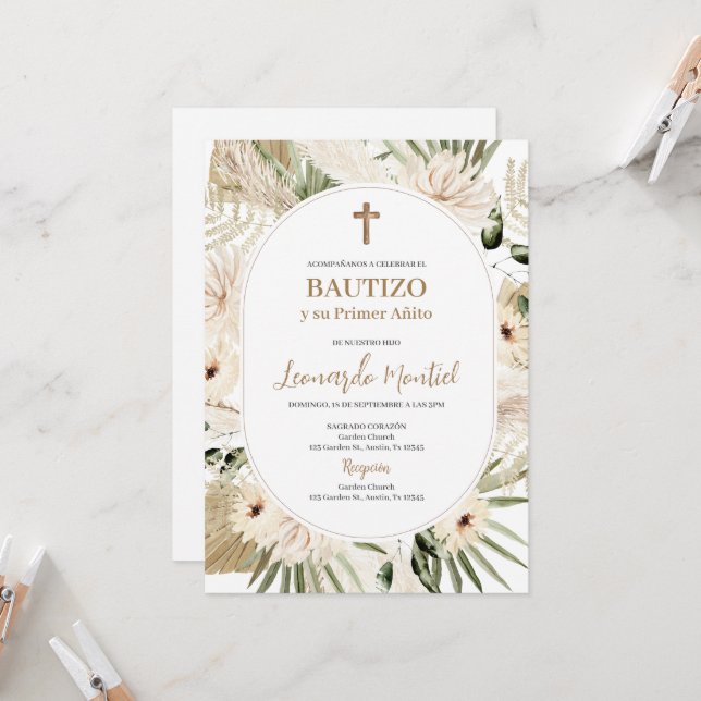 Invitación floral al boho bautismo español (Anverso/Reverso In Situ)
