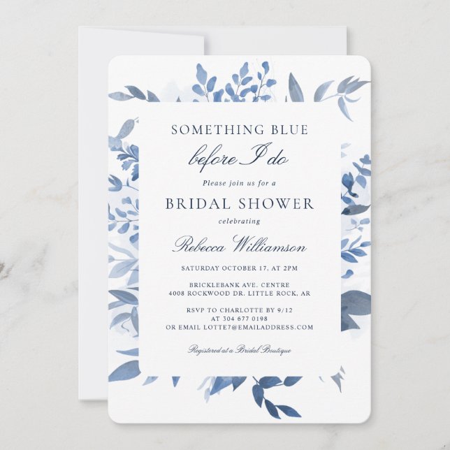 Invitación Floral algo azul acuarela ducha de novia (Anverso)