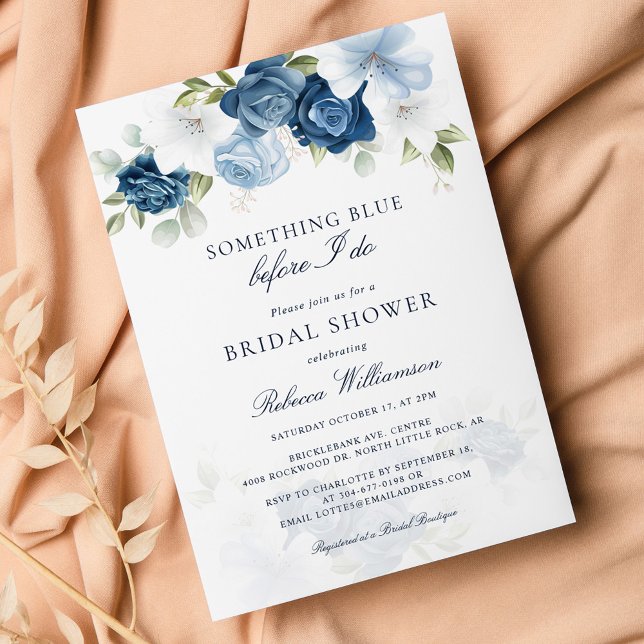 Invitación Floral algo azul antes de hacer ducha de novia (Dusty Blue Floral Something Blue Before I Do Bridal Shower Script Bridal Shower Invitation)