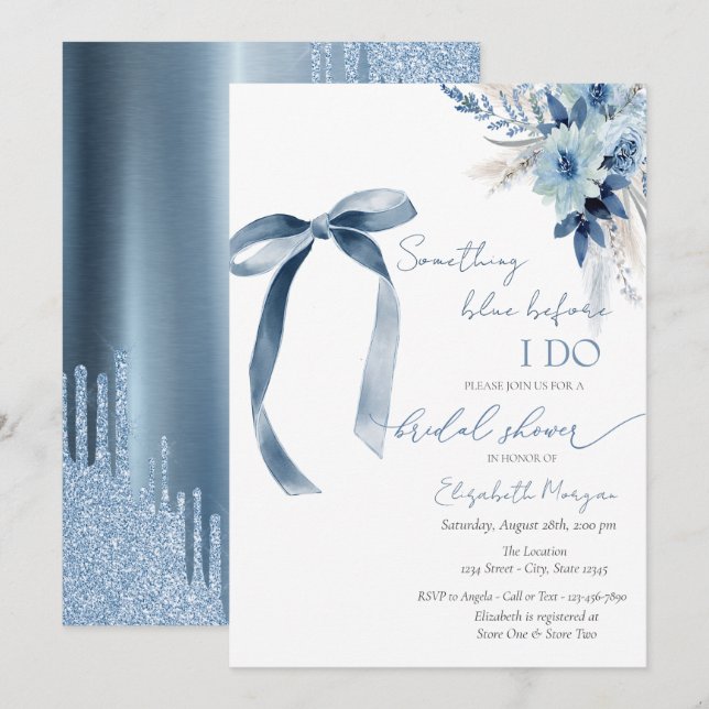 Invitación Floral Algo Azul Bow Perforaciones Purpurinas (Anverso / Reverso)