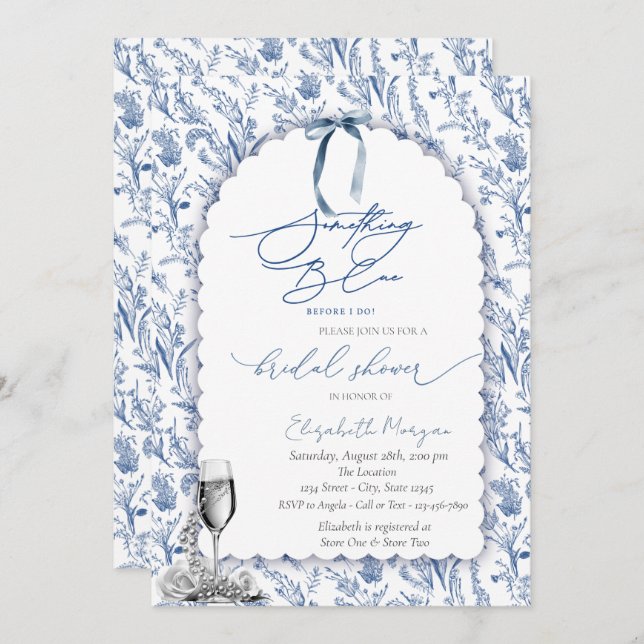 Invitación Floral Algo Azul Perlas de Vidrio (Anverso / Reverso)