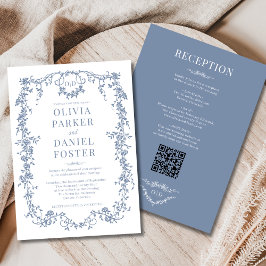 Invitación Floral All in One Victorian Blue Wedding Monogram