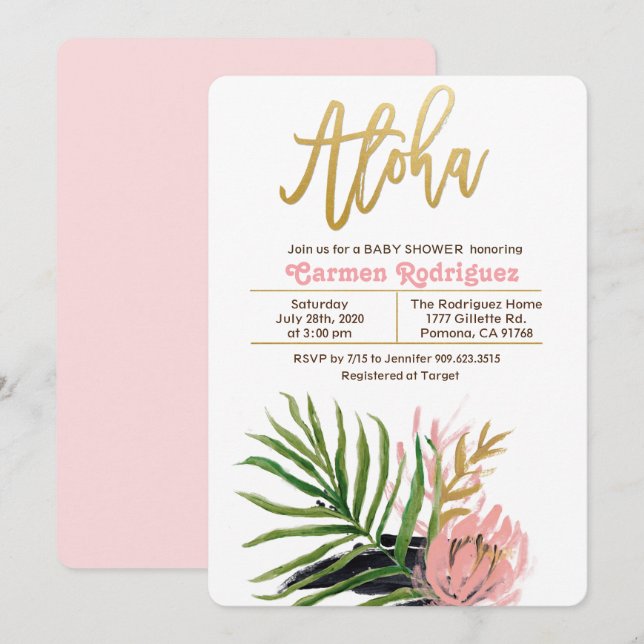 Invitación floral Aloha Tropical Baby Shower (Anverso / Reverso)