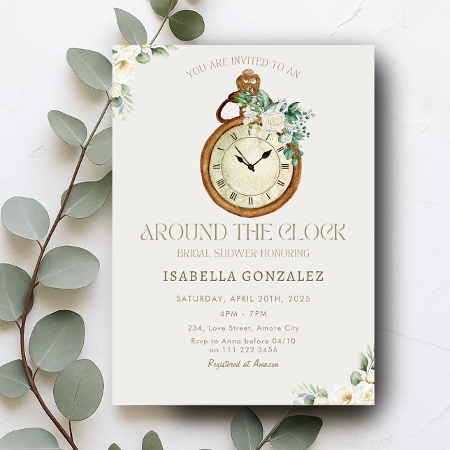 Invitación Floral alrededor de la ducha nupcial de reloj (Floral Around the Clock Bridal Shower Invitation)