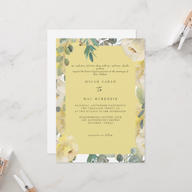 Invitación Floral amarilla a ambos padres Boda (Anverso/Reverso In Situ)