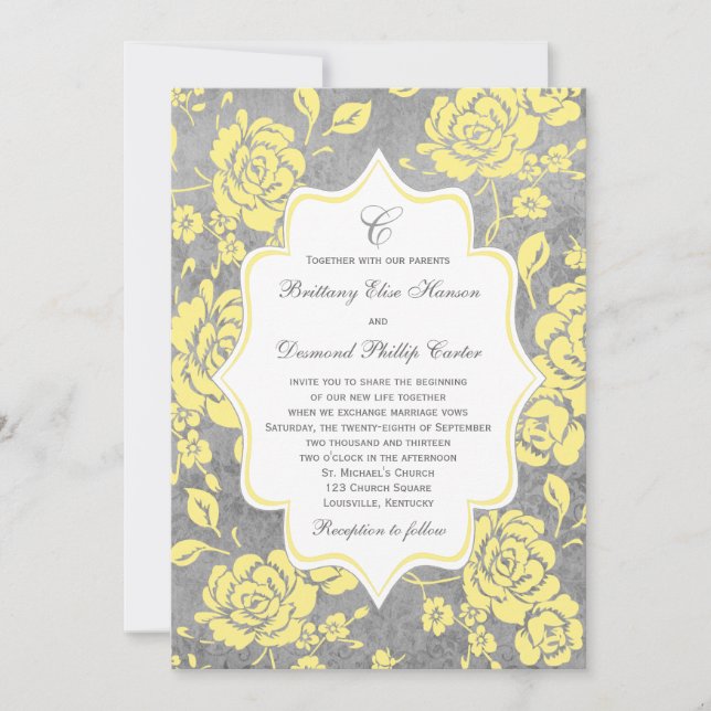 Invitación floral amarilla de la boda del damasco (Anverso)