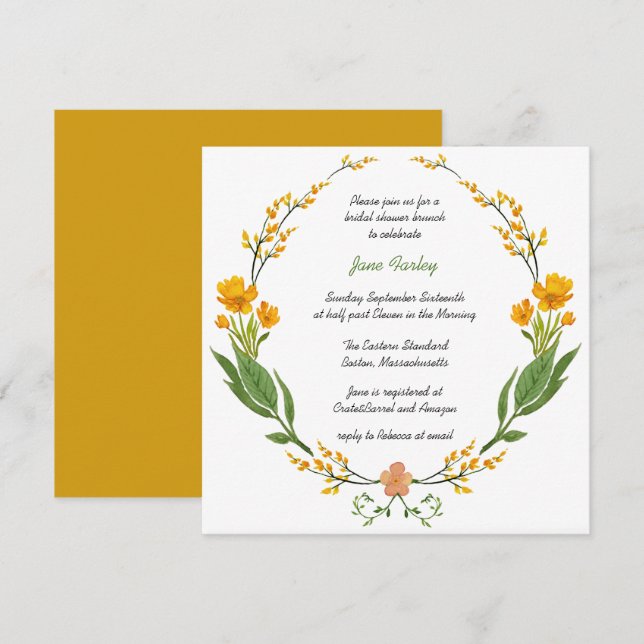 Invitación floral amarilla de la guirnalda (Anverso / Reverso)